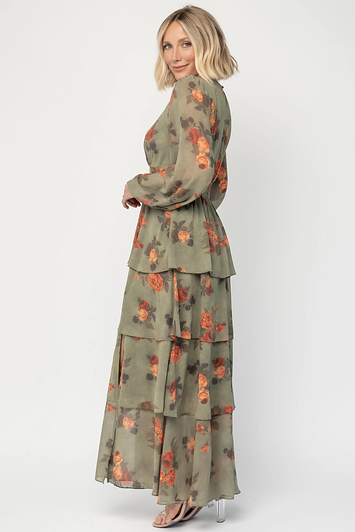 Mariella Tiered Maxi Dress in Dark Sage Floral with V-neckline, long puff sleeves, smocked back, and cascading ruffles.