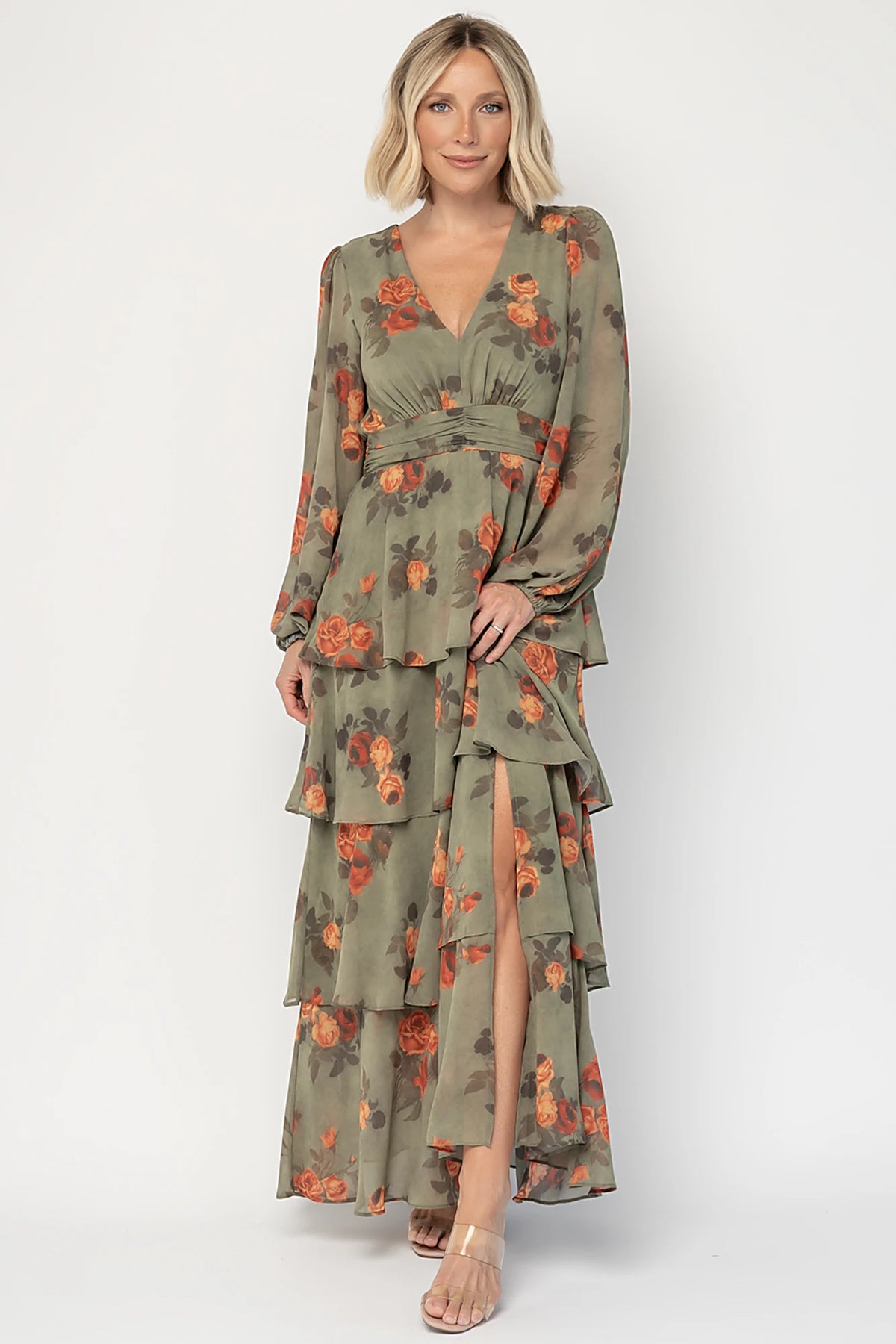 Mariella Tiered Maxi Dress in Dark Sage Floral with V-neckline, long puff sleeves, smocked back, and cascading ruffles.