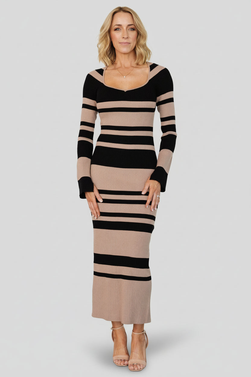 Front view of Marika ribbed midi dress in camel and black stripes, fitted silhouette with deep V-neck and long fitted sleeves, full length.