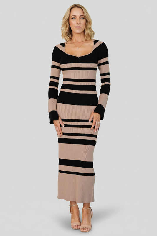 Marika Ribbed Dress | Camel + Black Stripe - Baltic Born