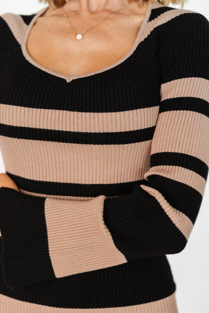 Marika Ribbed Dress | Camel + Black Stripe - Baltic Born