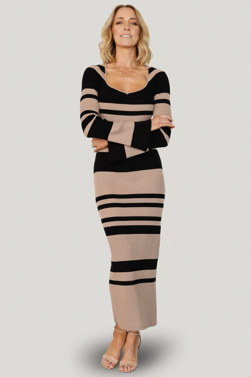 Marika Ribbed Midi Dress, Camel & Black Stripe | Baltic Born XL Marika Ribbed Midi Dress, Camel & Black Stripe | Baltic Born XL