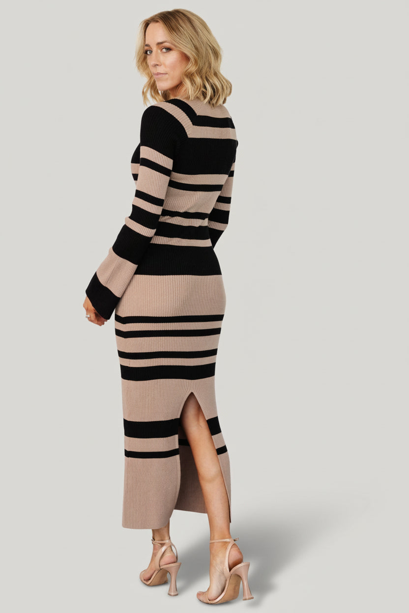 Baltic Born Womens Marika Ribbed Dress | Camel + Black Stripe