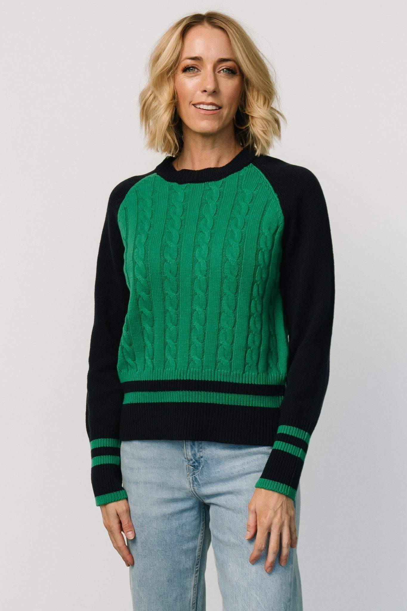 Marsha Cable Knit Sweater | Green + Navy - Baltic Born