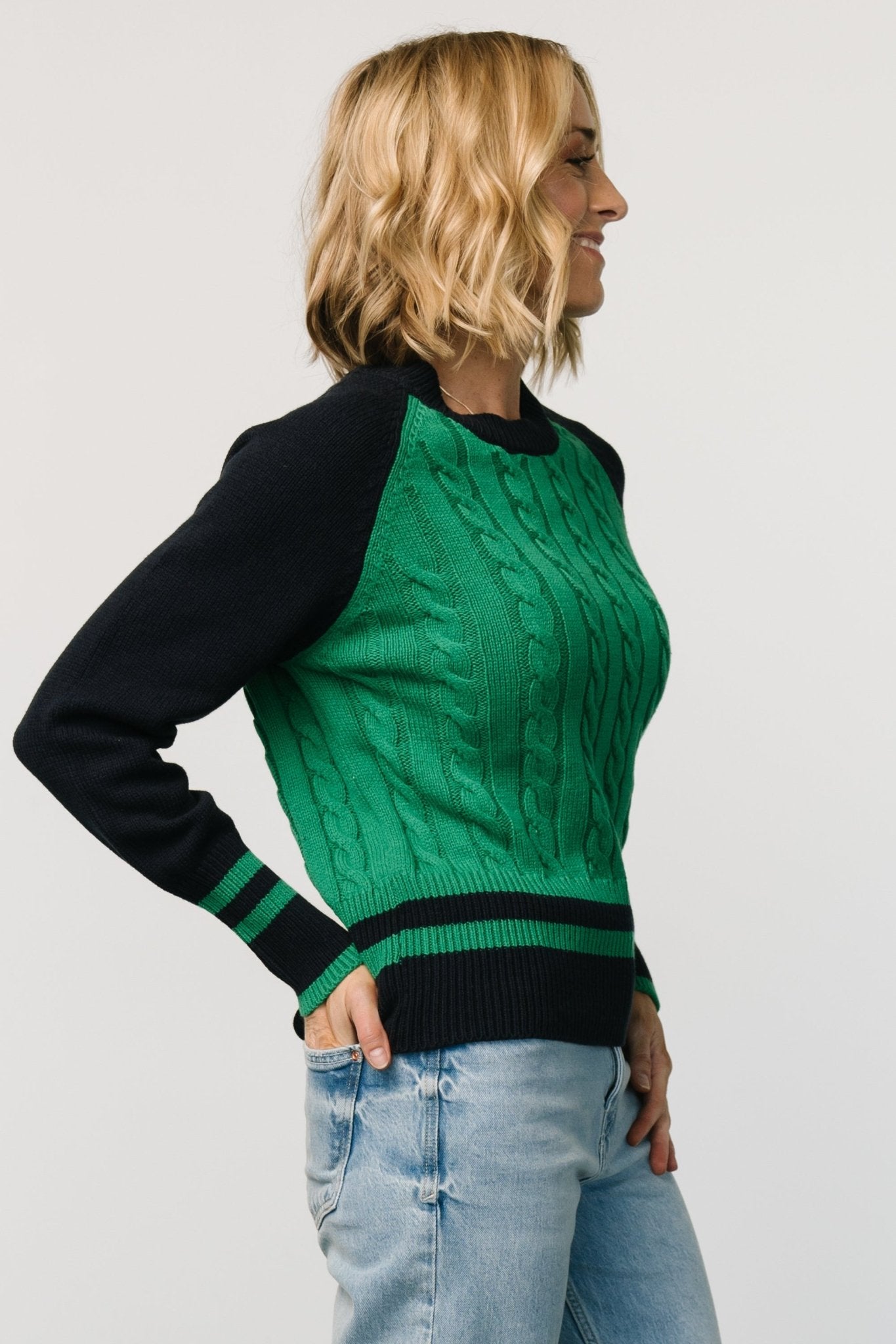 Marsha Cable Knit Sweater | Green + Navy - Baltic Born