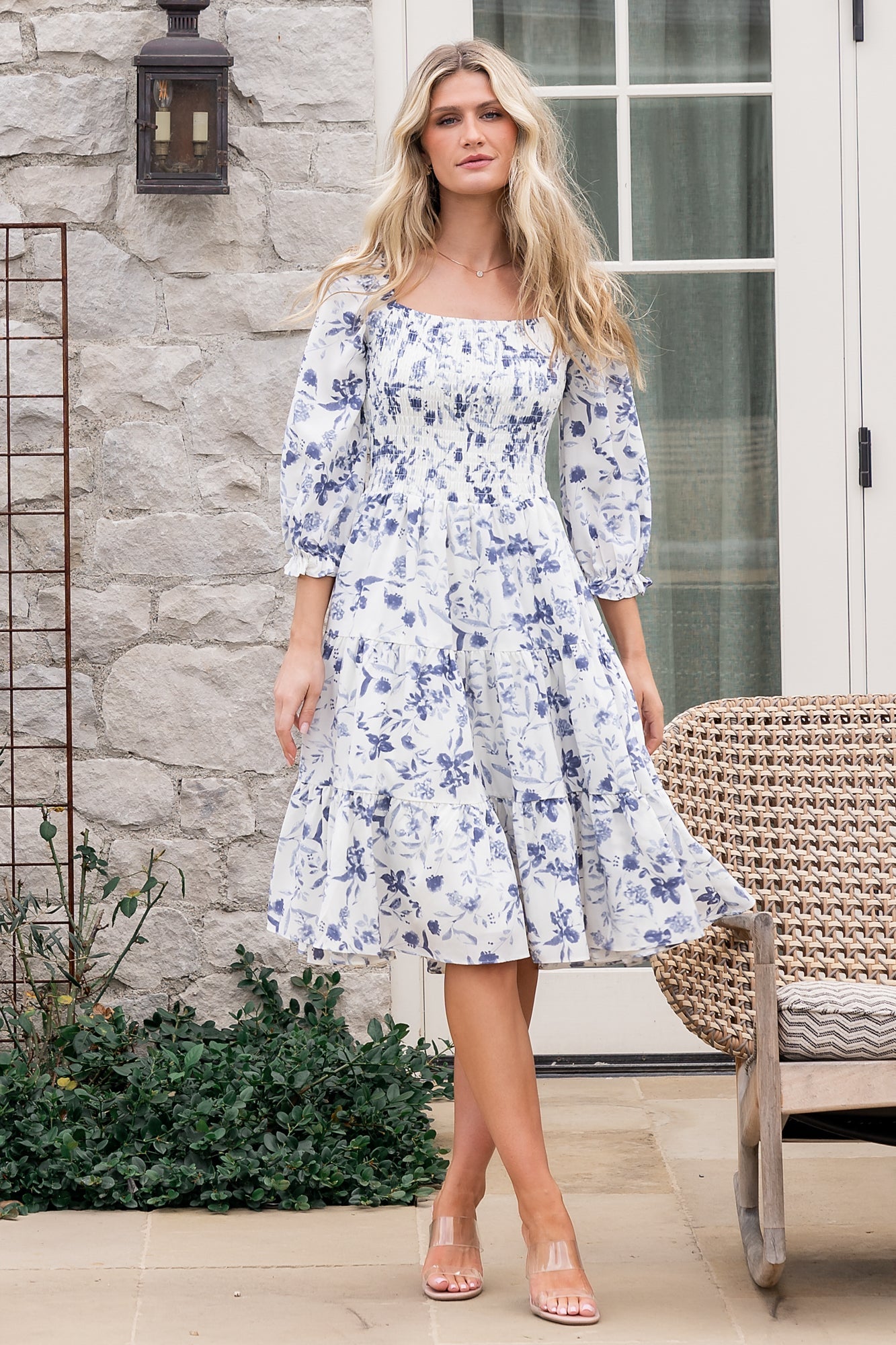 Baltic Born Womens Marta Smocked Midi Dress | White + Blue