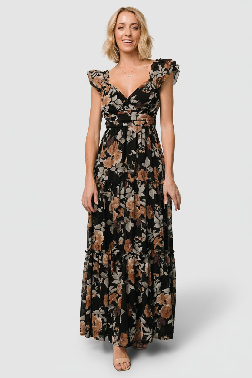 Baltic Born Womens Martina Maxi Dress | Black + Copper Floral