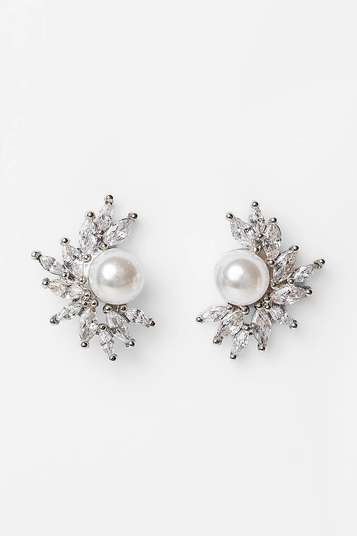 Maryana Pearl Statement Stud Earrings in Silver with marquise-cut cubic zirconia and faux pearl center.