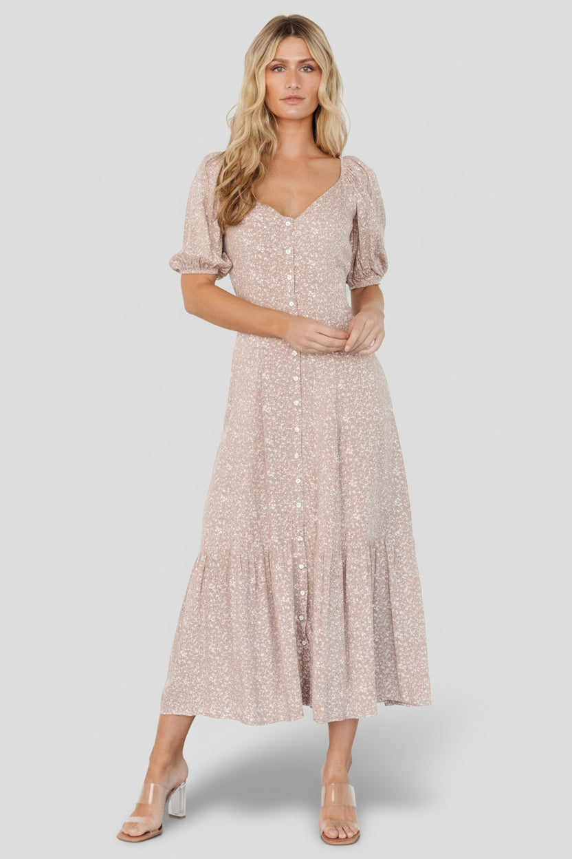 Baltic Born Womens Mathilda Button Maxi Dress | Beige Floral