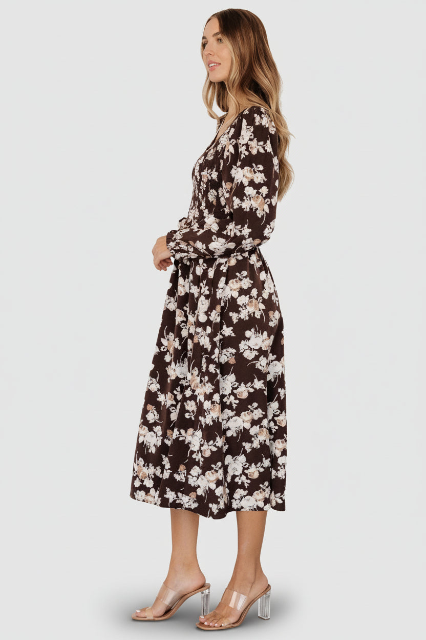 Baltic Born Womens Matilda Smocked Midi Dress | Brown Floral | Size: Small Baltic Born Womens Matilda Smocked Midi Dress | Brown Floral | Size: Small