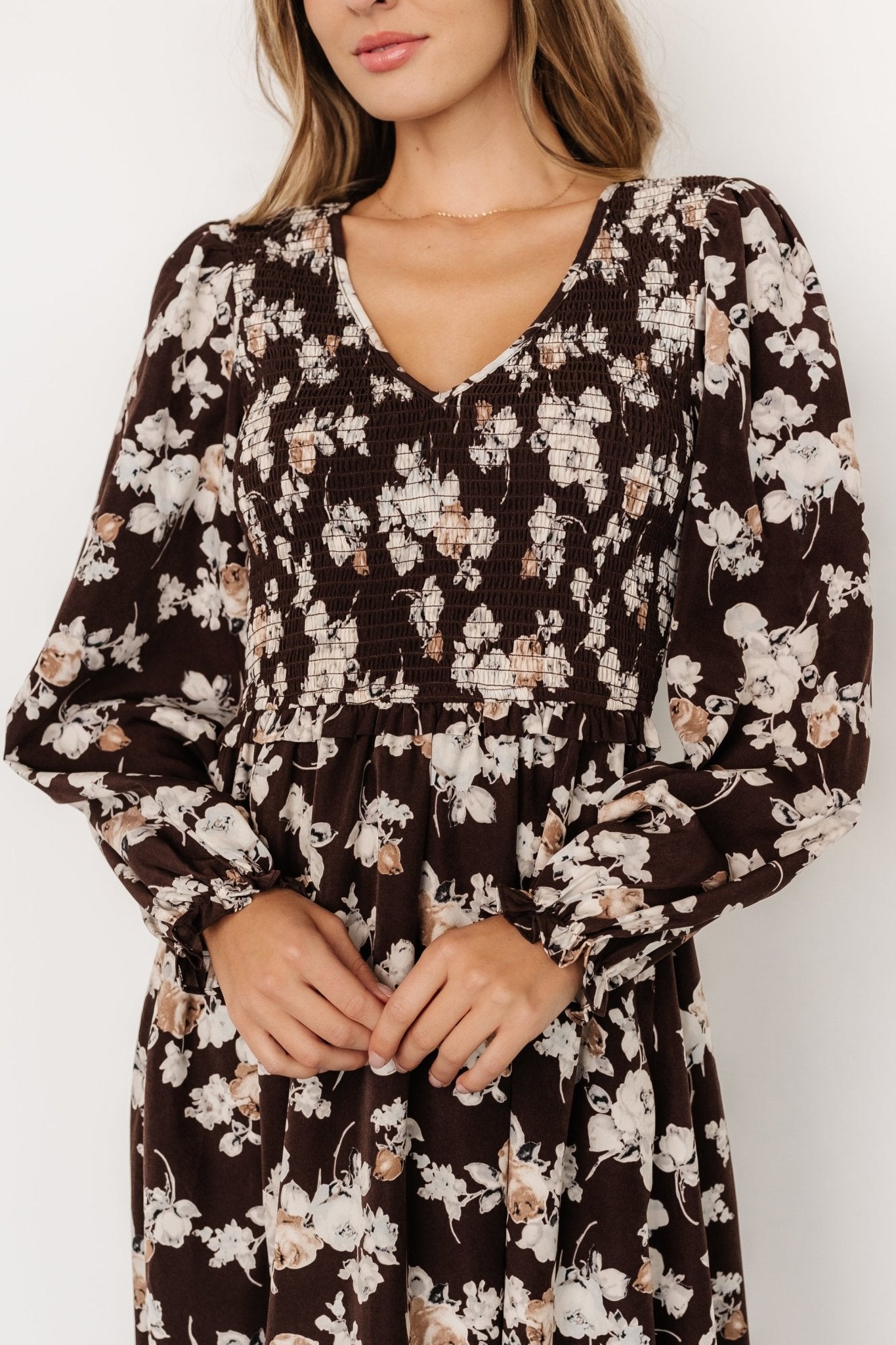 Matilda Smocked Midi Dress Brown Floral | Baltic Born S Matilda Smocked Midi Dress Brown Floral | Baltic Born S