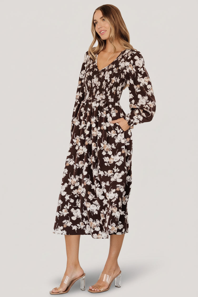 brown floral midi dress Baltic Born Womens Matilda Smocked Midi Dress | Brown Floral brown floral midi dress Baltic Born Womens Matilda Smocked Midi Dress | Brown Floral
