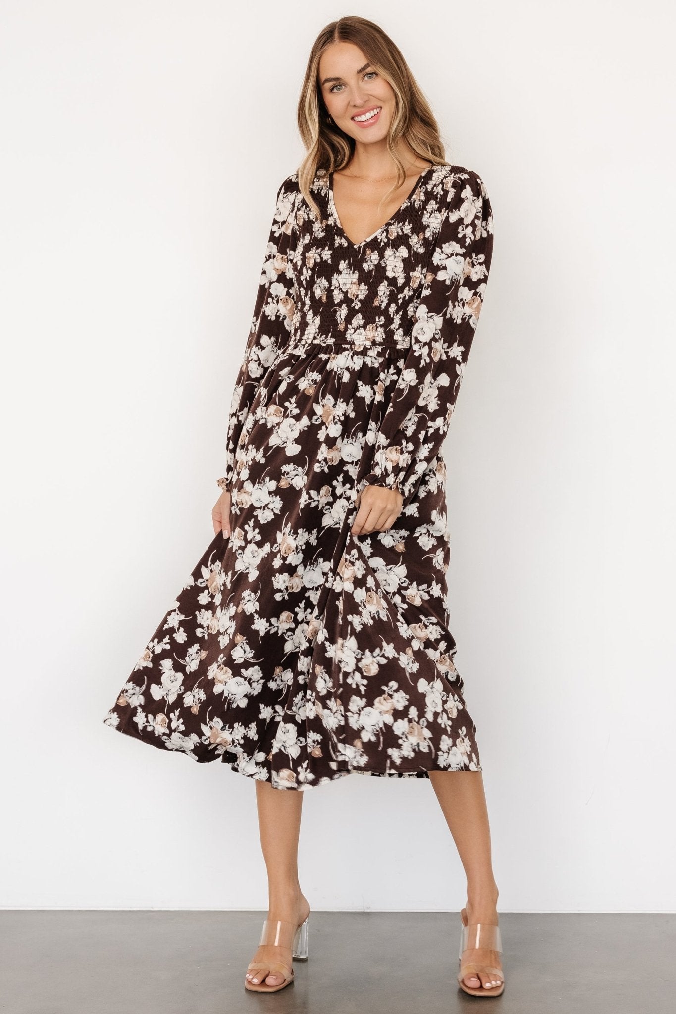 Matilda Smocked Midi Dress | Brown Floral - Baltic Born