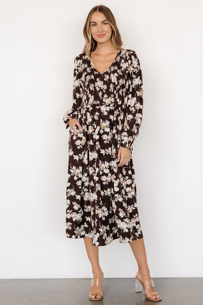 Matilda Smocked Midi Dress | Brown Floral - Baltic Born