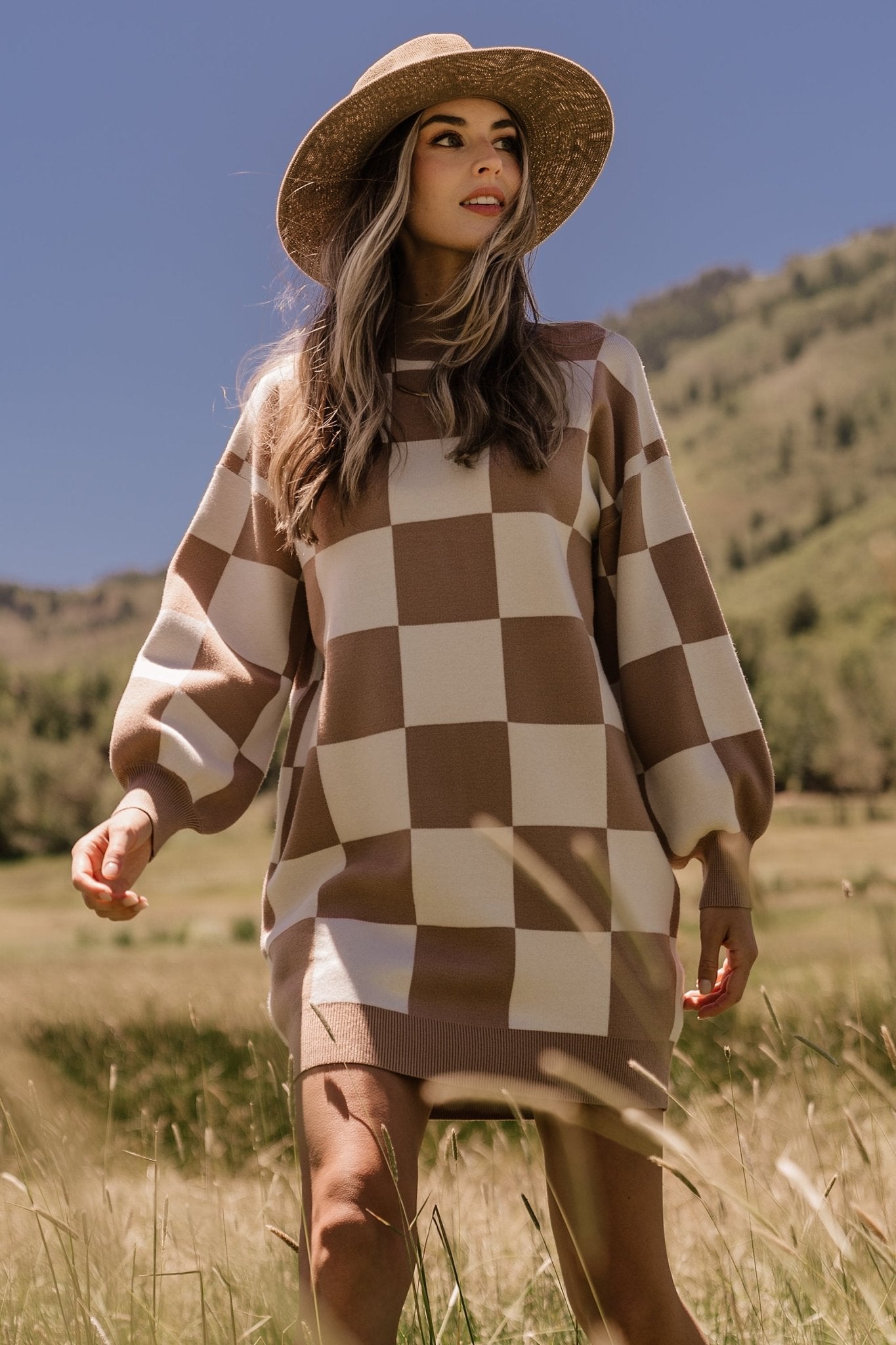 Mattie Checkered Sweater Dress | Taupe - Baltic Born