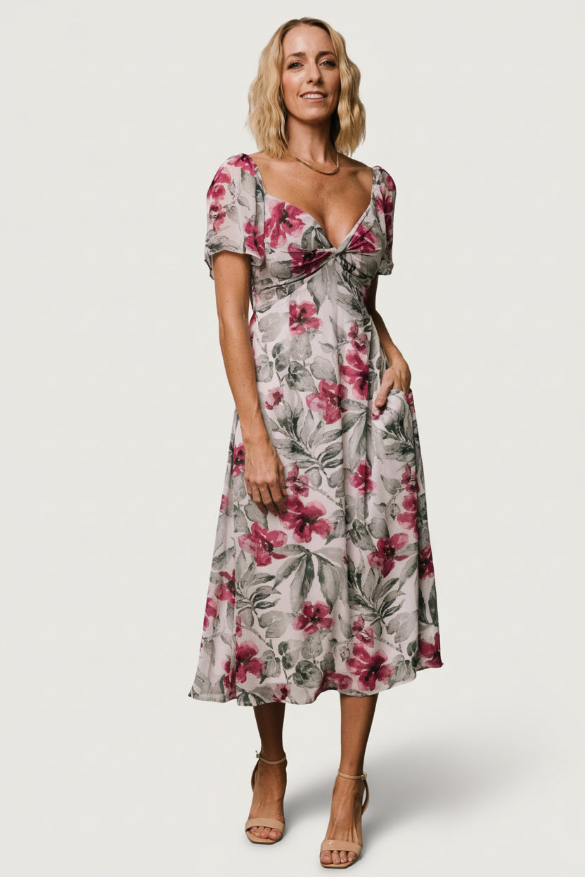midi floral dress size 4 Badgley Mischka Floral Midi Shirt Dress Puff Sleeve Belted Size 4 Lace $650
