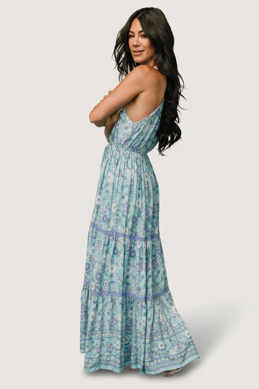 Meline Button Front Maxi Dress | Light Blue Multi