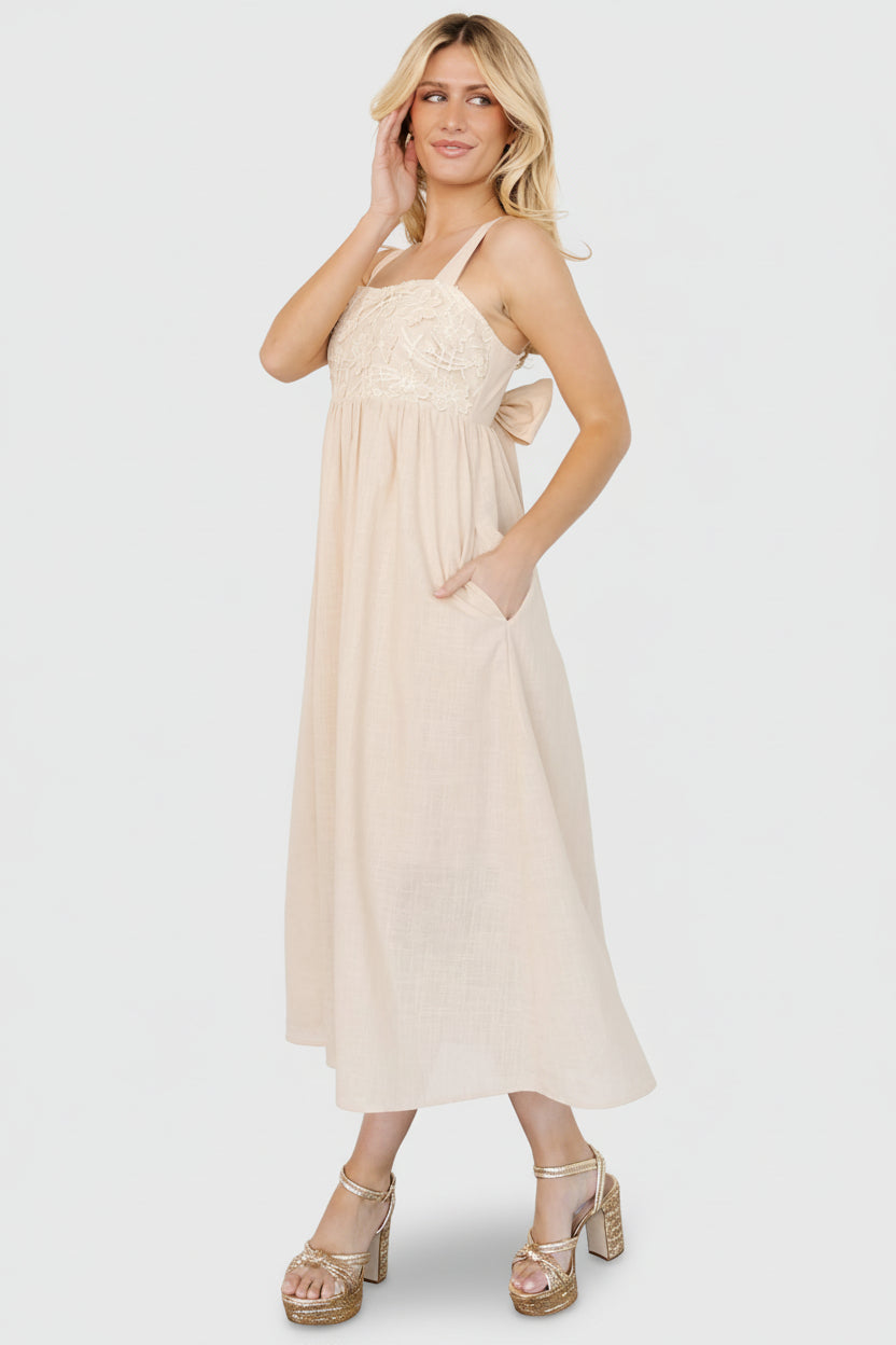 Mia Tie Back Dress in Natural Cotton Midi