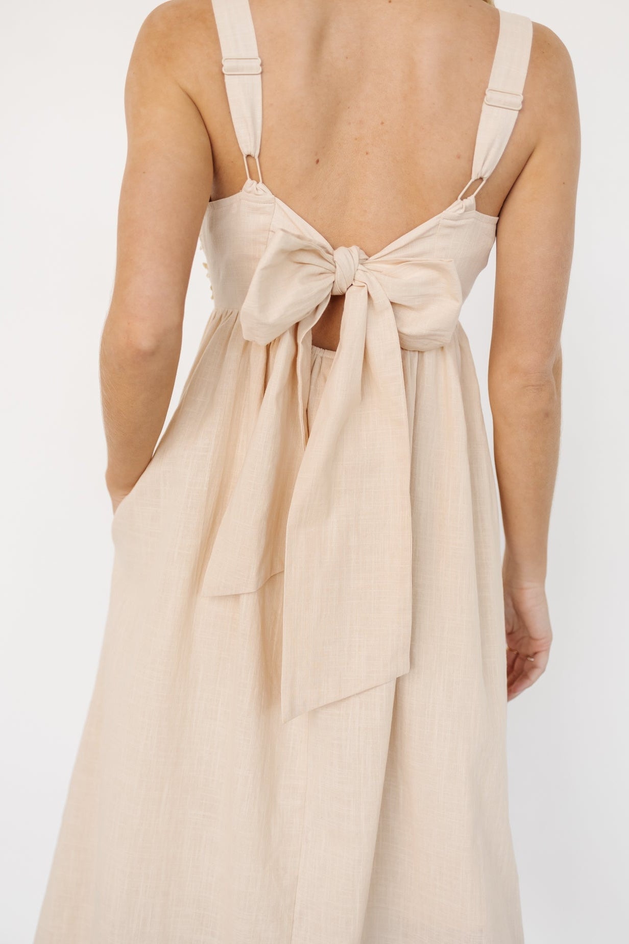 casual beige dress outfit COLLETTE Maxi Dress | Beige Crochet Open Back Dress main image 0