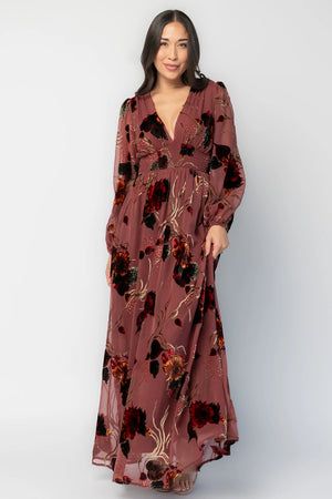 Mikla Maxi Dress in Berry Multi with burnout velvet print, deep V-neckline, long sleeves, smocked waist, and asymmetrical hem.