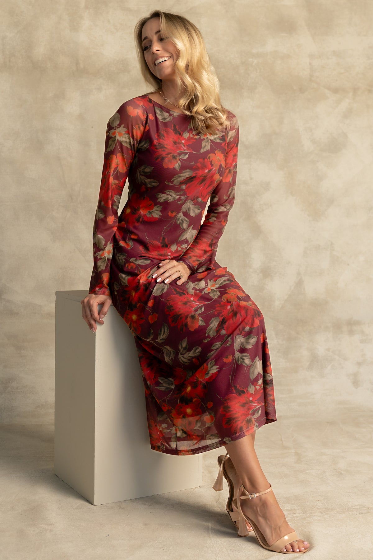 Miley Mesh Dress in Burgundy Floral with a round neckline, long sleeves, and a soft stretchy mesh fabric.
