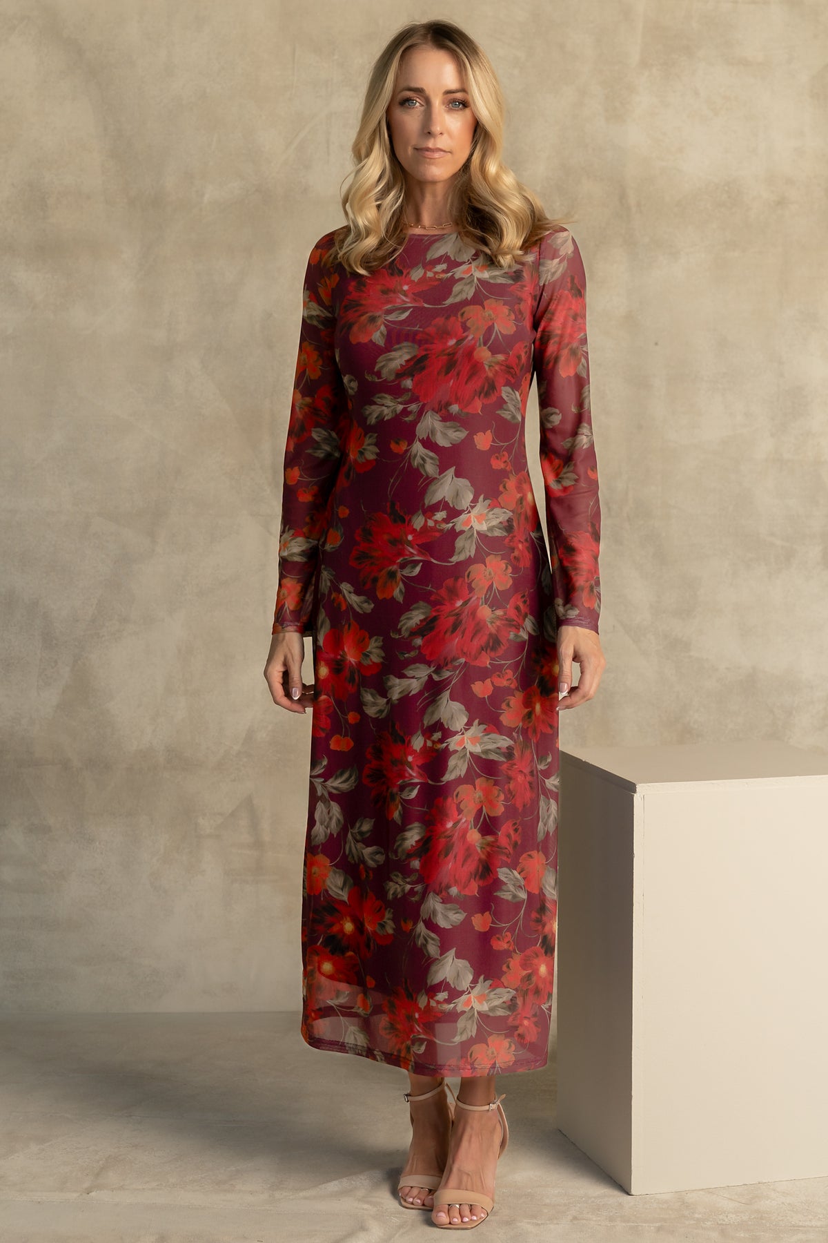 Miley Mesh Dress in Burgundy Floral with a round neckline, long sleeves, and a soft stretchy mesh fabric.