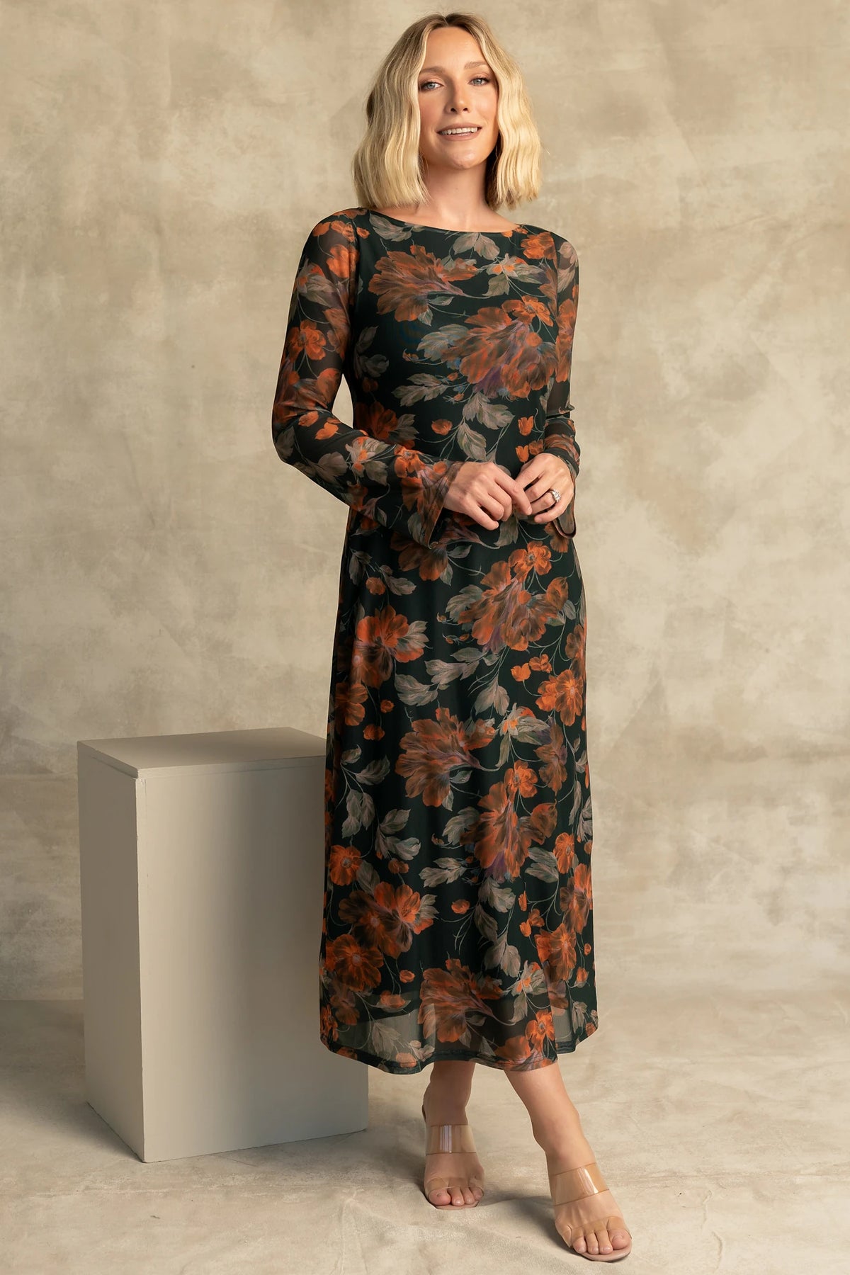 Miley Mesh Dress in Topaz Floral with round neckline, long sleeves, soft mesh fabric, and fitted silhouette.