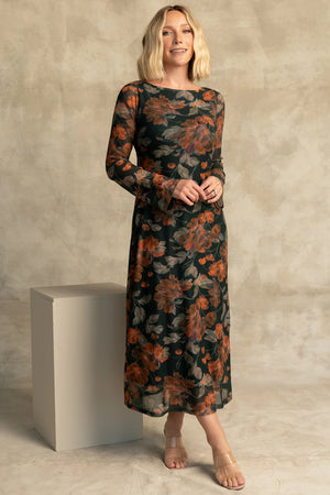 Miley Mesh Dress in Topaz Floral with round neckline, long sleeves, soft mesh fabric, and fitted silhouette.