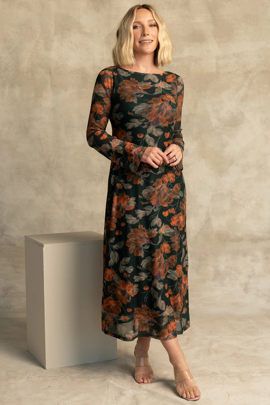 Miley Mesh Dress in Topaz Floral with round neckline, long sleeves, soft mesh fabric, and fitted silhouette.