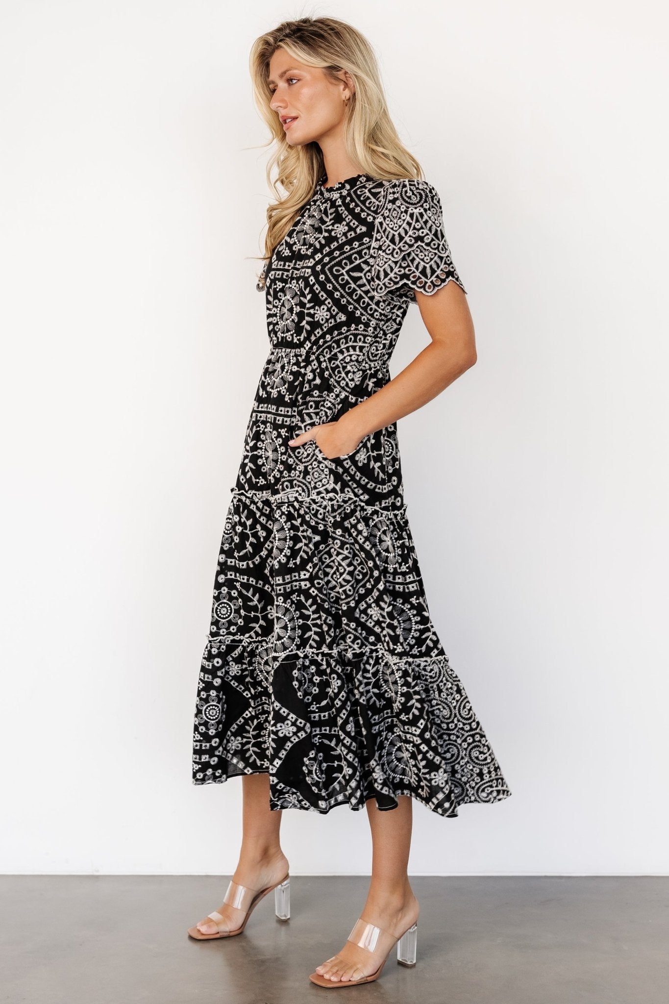 Mirabel Eyelet Midi Dress | Black + White - Baltic Born