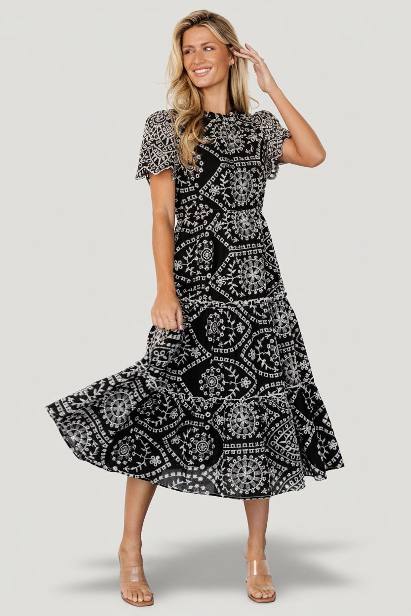 Baltic Born Womens Mirabel Eyelet Midi Dress | Black + White