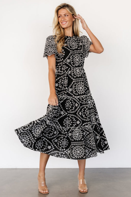 Mirabel Eyelet Midi Dress | Black + White - Baltic Born