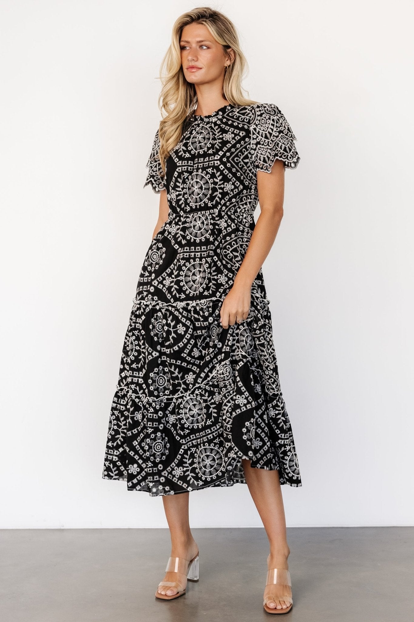 Mirabel Eyelet Midi Dress | Black + White - Baltic Born