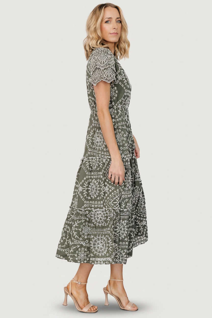 Baltic Born Womens Mirabel Eyelet Midi Dress | Olive + White | Size: Medium Baltic Born Womens Mirabel Eyelet Midi Dress | Olive + White | Size: Medium