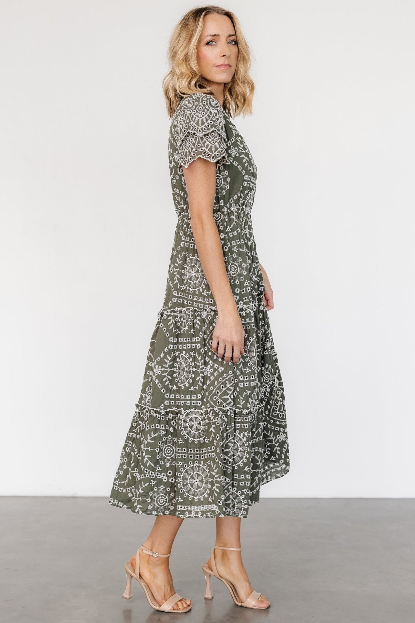 Mirabel Eyelet Midi Dress | Olive + White - Baltic Born