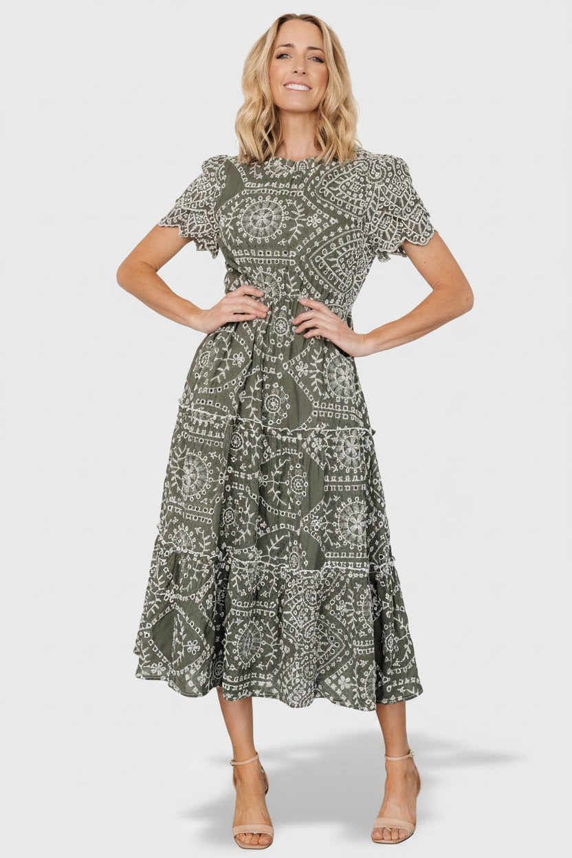 Baltic Born Womens Mirabel Eyelet Midi Dress | Olive + White | Size: Medium Baltic Born Womens Mirabel Eyelet Midi Dress | Olive + White | Size: Medium