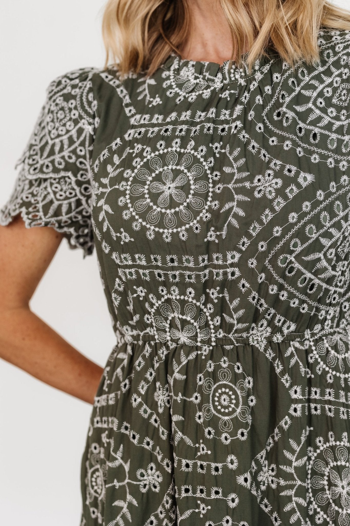 Baltic Born Womens Mirabel Eyelet Midi Dress | Olive + White | Size: Medium Baltic Born Womens Mirabel Eyelet Midi Dress | Olive + White | Size: Medium