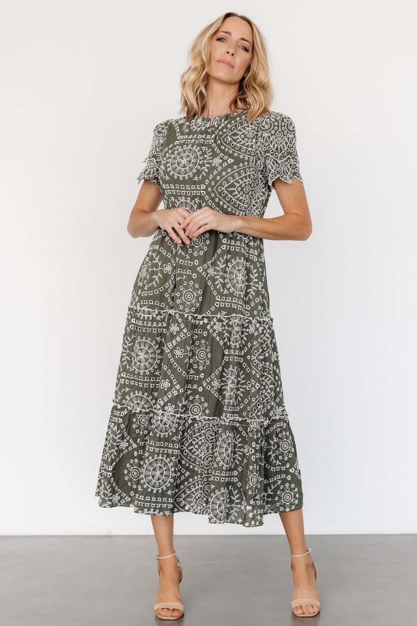 Mirabel Eyelet Midi Dress | Olive + White - Baltic Born