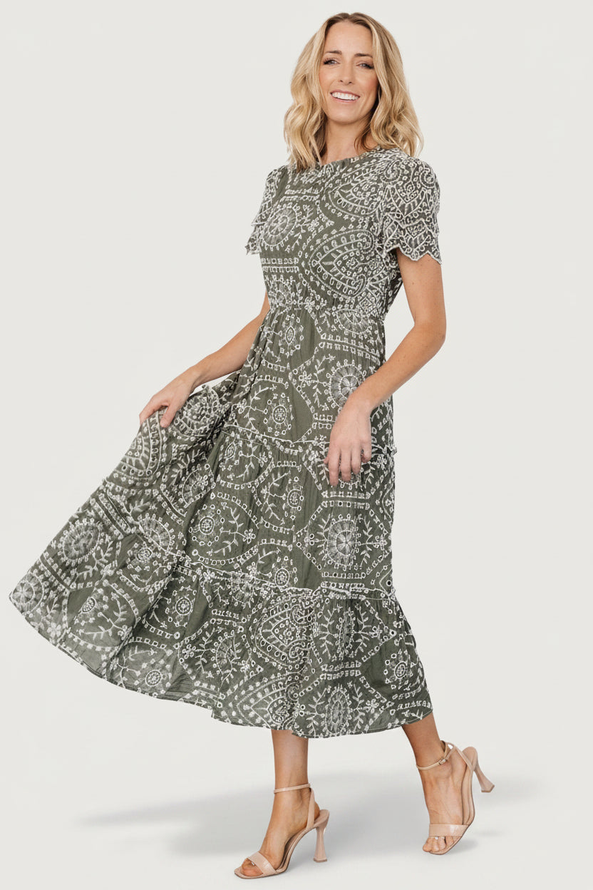 Mirabel Eyelet Midi Dress Olive & White | Baltic Born M Mirabel Eyelet Midi Dress Olive & White | Baltic Born M