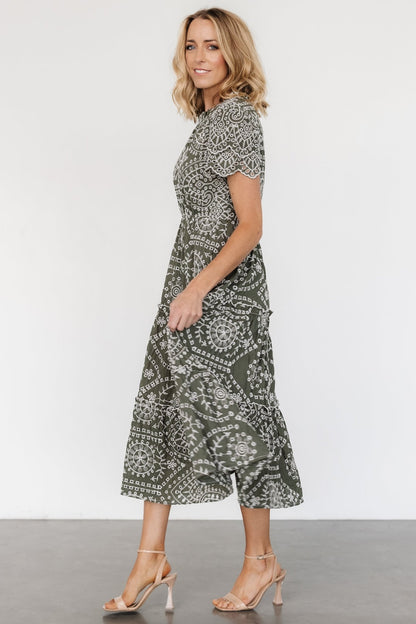 Mirabel Eyelet Midi Dress | Olive + White - Baltic Born