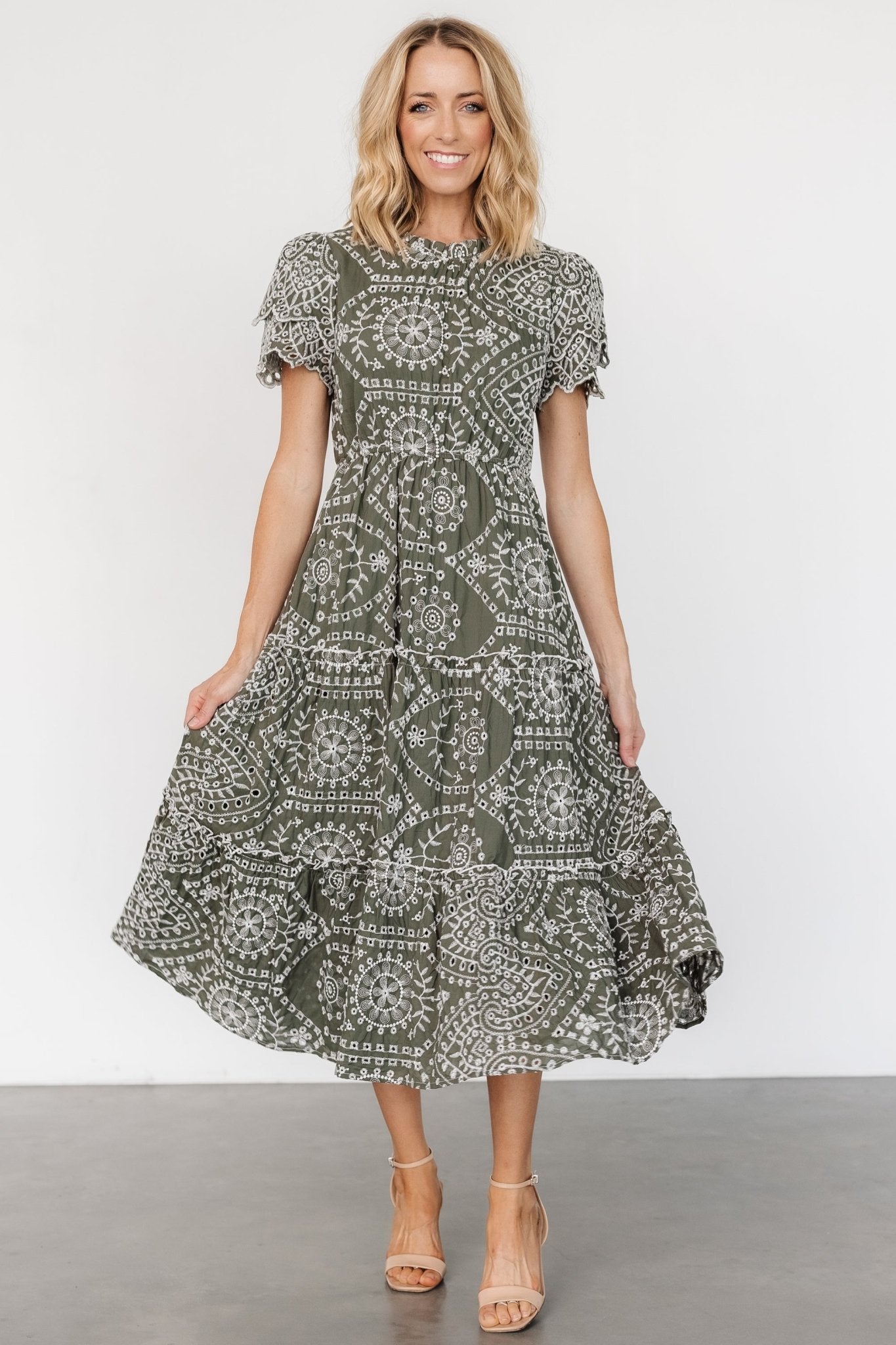 Mirabel Eyelet Midi Dress | White + Blue | Baltic Born