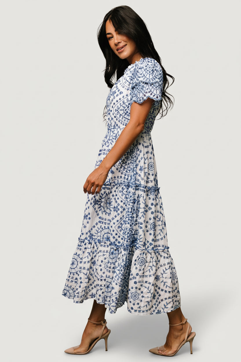 Mirabel Eyelet Midi Dress - White & Blue | Baltic Born XL Mirabel Eyelet Midi Dress - White & Blue | Baltic Born XL