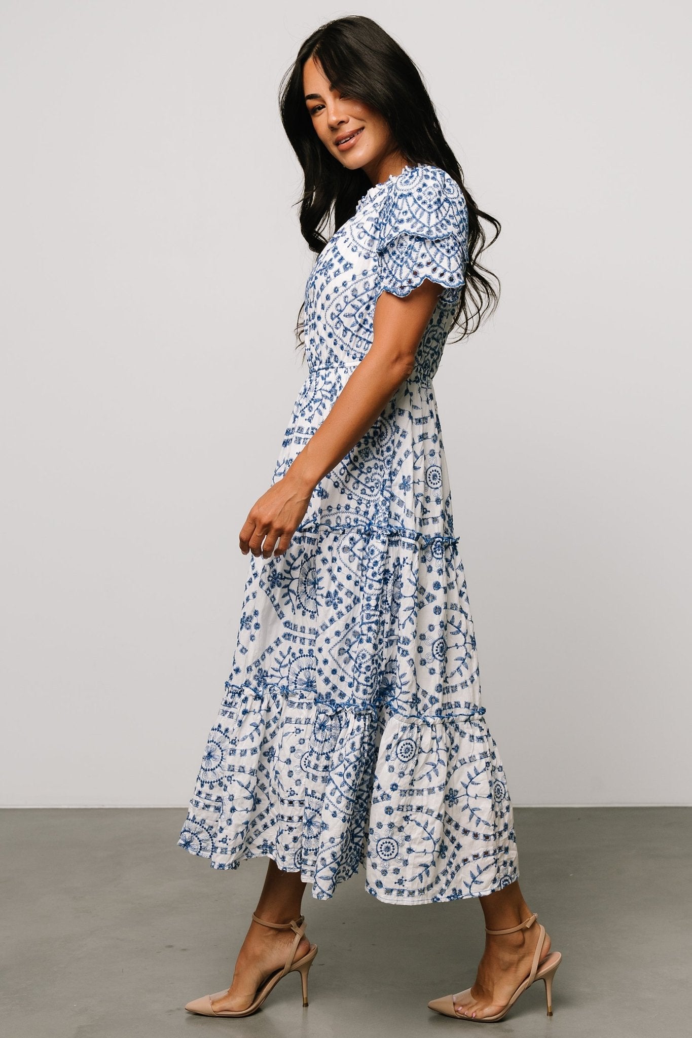 Mirabel Eyelet Midi Dress | White + Blue - Baltic Born