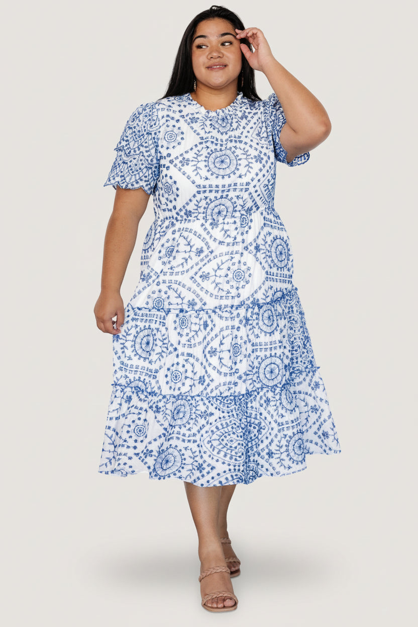 Mirabel Eyelet Midi Dress - White & Blue | Baltic Born XL Mirabel Eyelet Midi Dress - White & Blue | Baltic Born XL