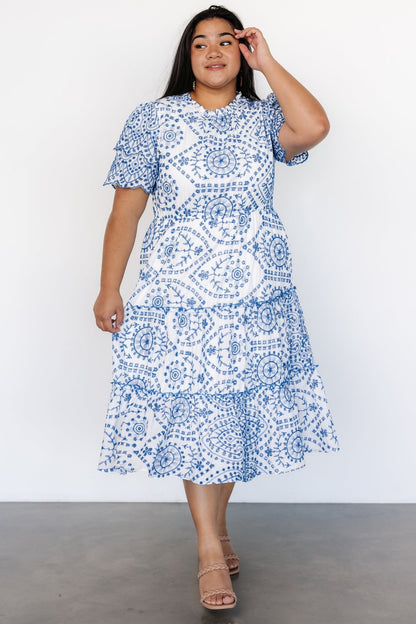 Mirabel Eyelet Midi Dress | White + Blue - Baltic Born