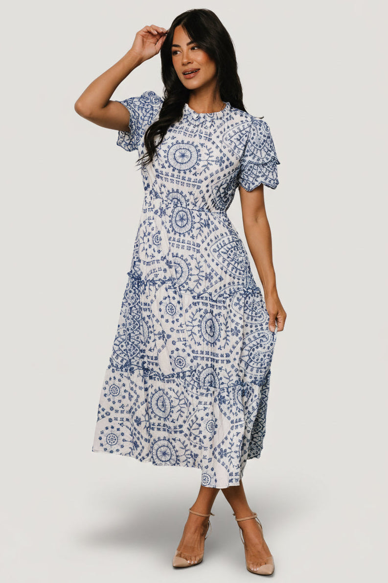 Baltic Born Womens Mirabel Eyelet Midi Dress | White + Blue