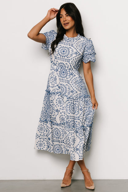 Mirabel Eyelet Midi Dress | White + Blue - Baltic Born