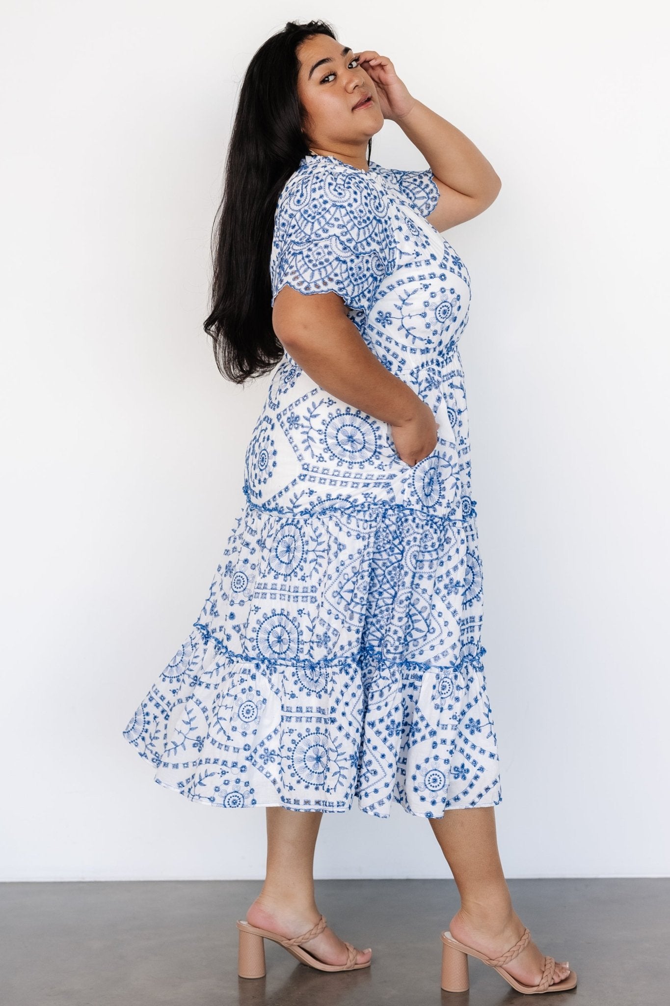 Mirabel Eyelet Midi Dress | White + Blue - Baltic Born