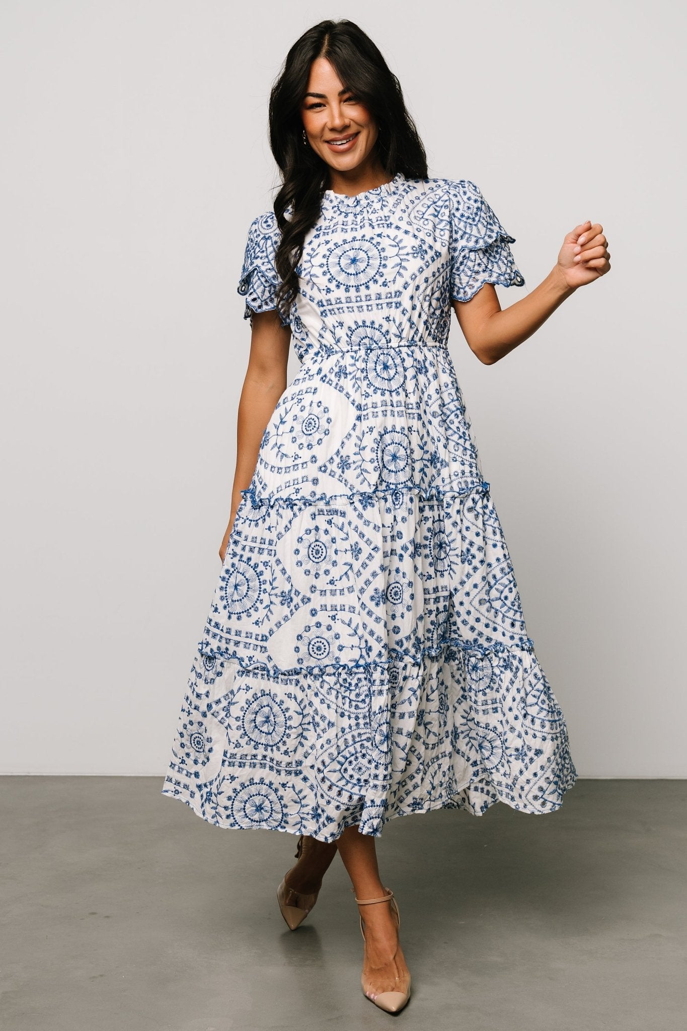 Mirabel Eyelet Midi Dress | White + Blue - Baltic Born