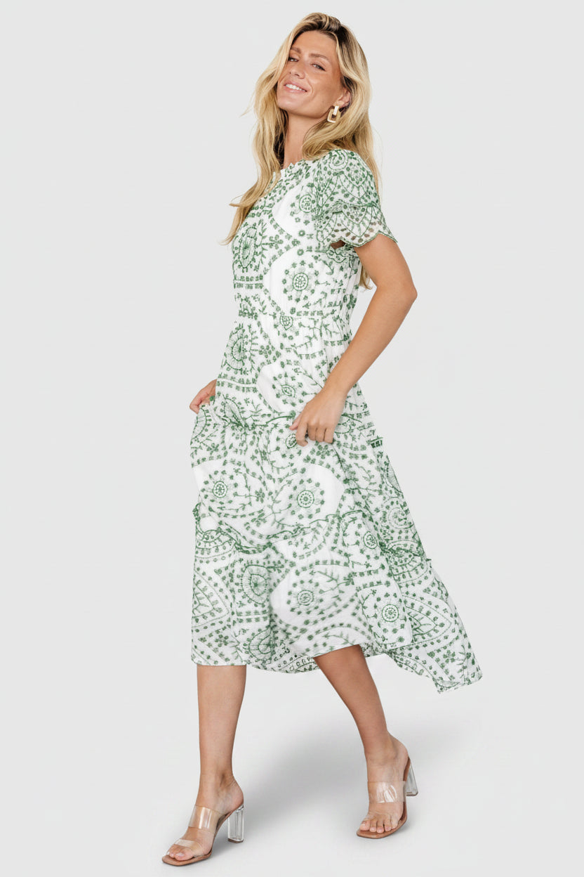 Mirabel Eyelet Midi Dress White & Green | Baltic Born L Mirabel Eyelet Midi Dress White & Green | Baltic Born L